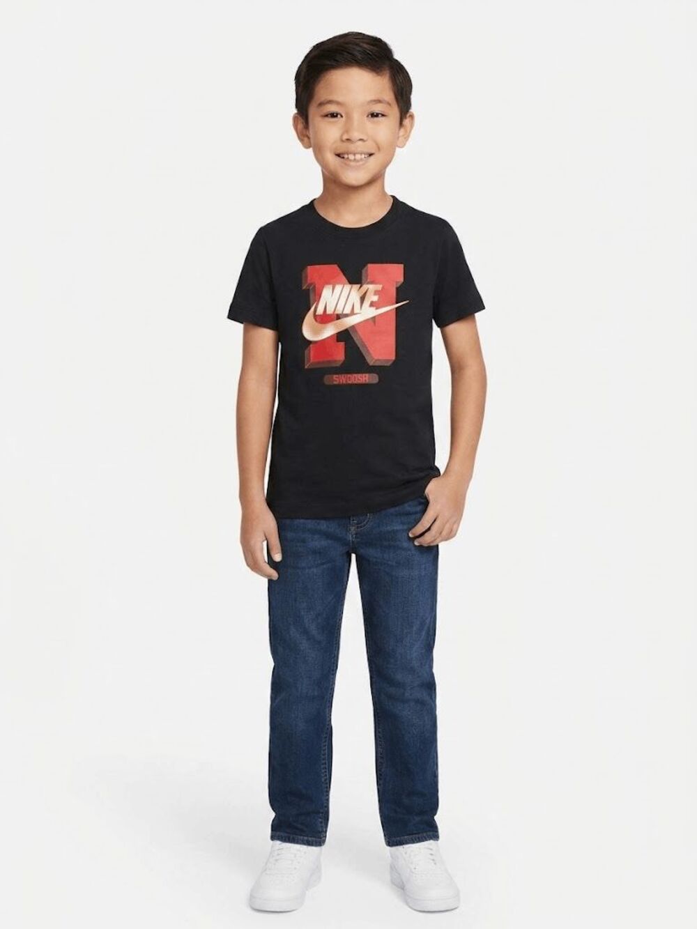 Nike Youth Boys Black Short Sleeve Graphic T-Shirt Red Logo Size XS